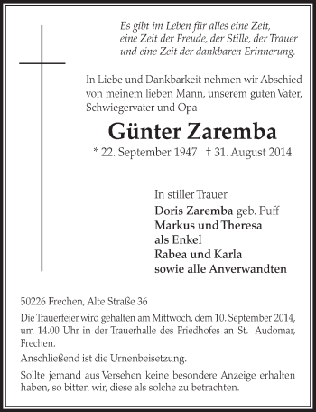 Anzeige von Gnter Zaremba von  Sonntags-Post 