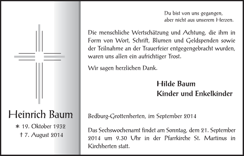  Traueranzeige für Heinrich Baum vom 10.09.2014 aus  Werbepost 