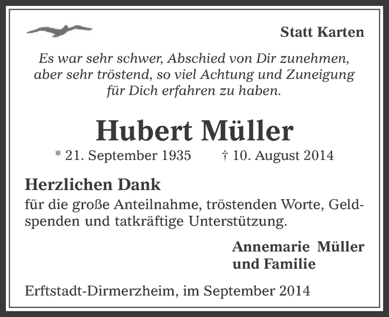  Traueranzeige für Hubert Müller vom 10.09.2014 aus  Werbepost 