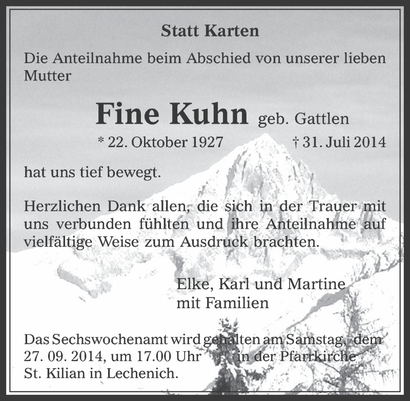  Traueranzeige für Fine Kuhn vom 17.09.2014 aus  Werbepost 