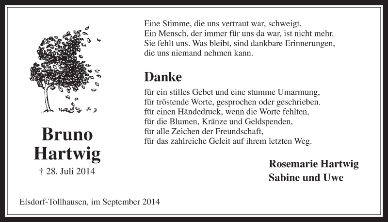  Traueranzeige für Bruno Hartwig vom 10.09.2014 aus  Werbepost 