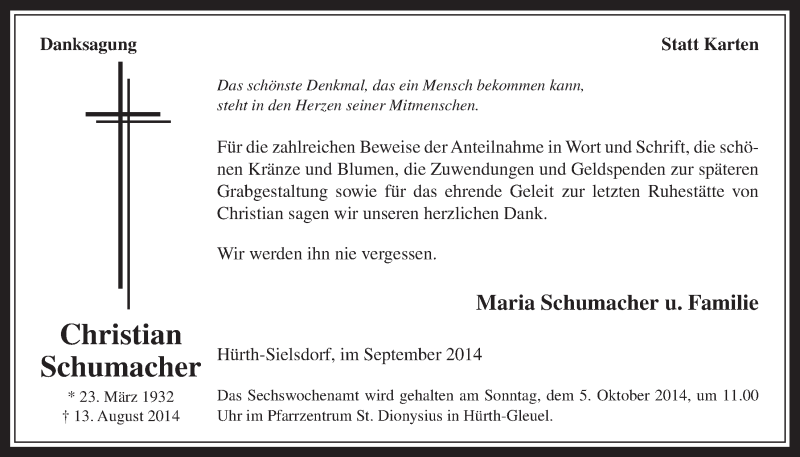  Traueranzeige für Christian Schumacher vom 24.09.2014 aus  Wochenende 
