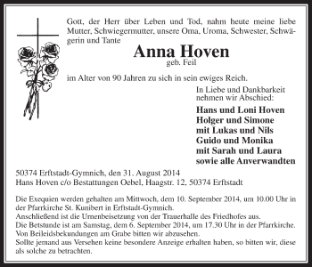 Anzeige von Anna Hoven von  Sonntags-Post 