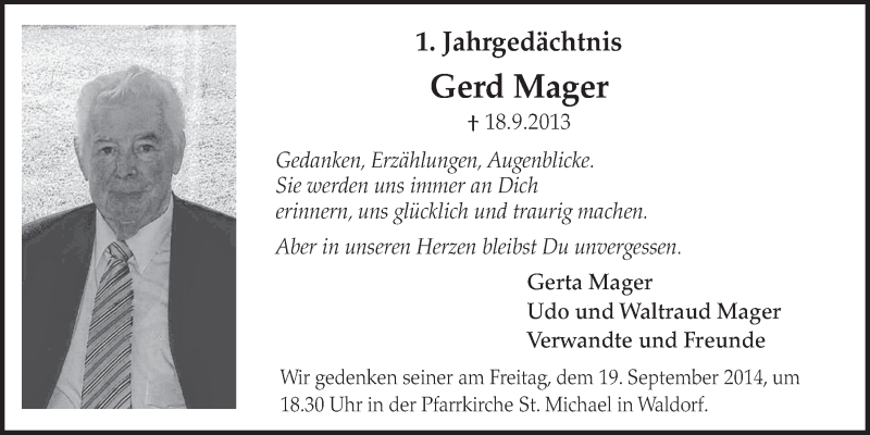  Traueranzeige für Gerd Mager vom 10.09.2014 aus  Schlossbote/Werbekurier 
