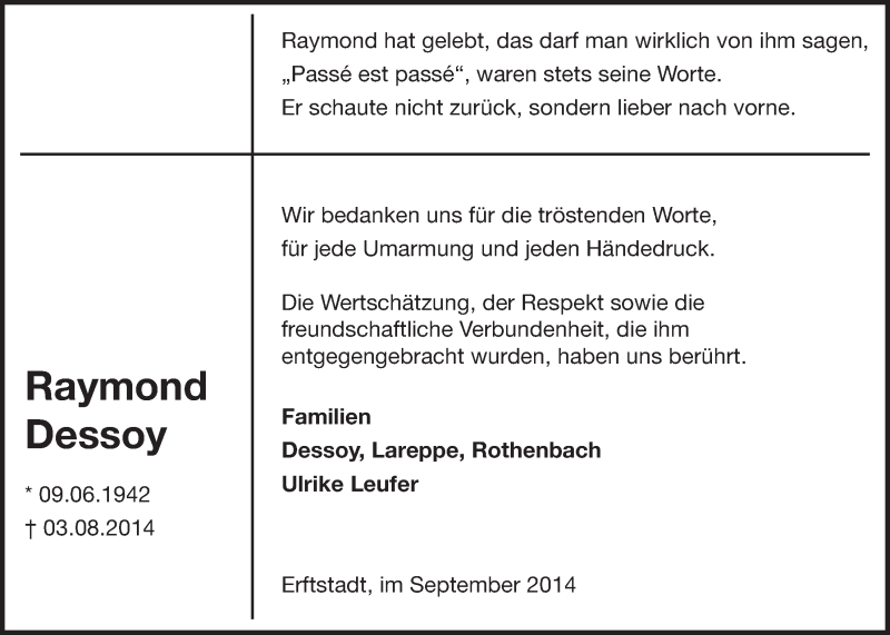  Traueranzeige für Raymond Dessoy vom 17.09.2014 aus  Werbepost 
