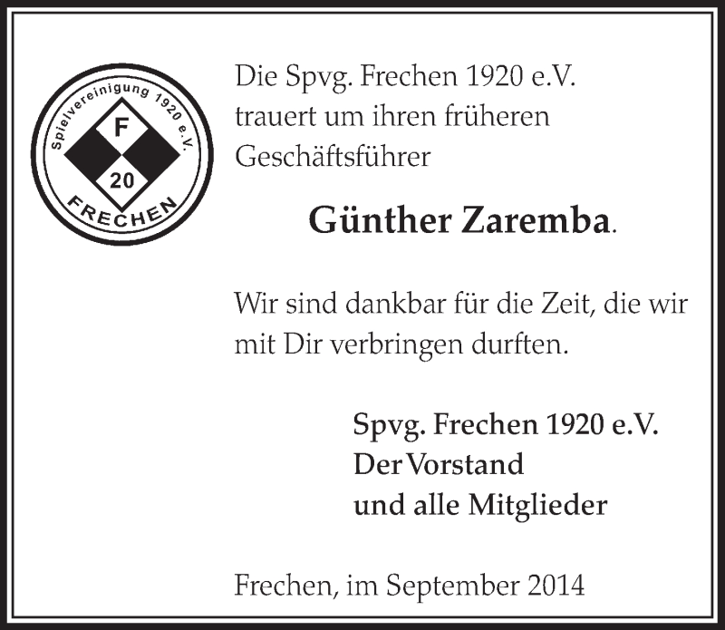  Traueranzeige für Gnther Zaremba vom 06.09.2014 aus  Sonntags-Post 