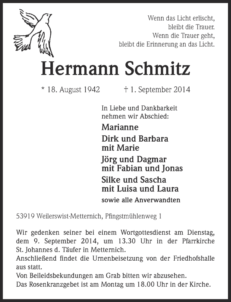  Traueranzeige für Hermann Schmitz vom 07.09.2014 aus  Blickpunkt Euskirchen 