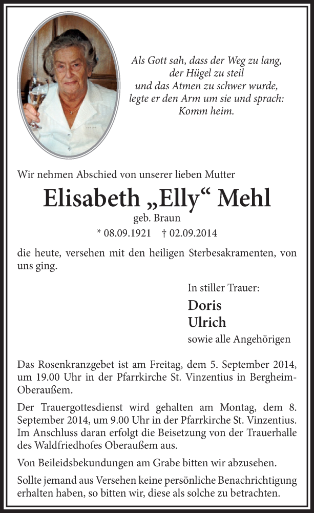  Traueranzeige für Elisabeth Mehl vom 06.09.2014 aus  Sonntags-Post 