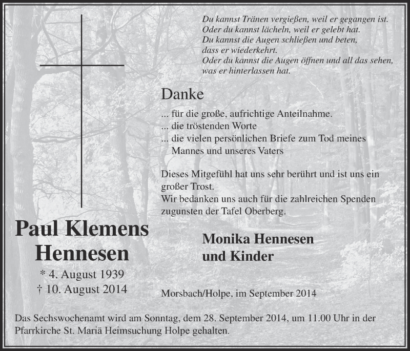  Traueranzeige für Paul Klemens Hennesen vom 24.09.2014 aus  Lokalanzeiger 