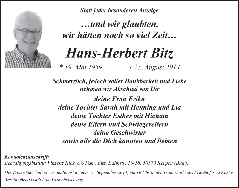  Traueranzeige für Hans-Herbert Bitz vom 10.09.2014 aus  Wochenende  Werbepost 