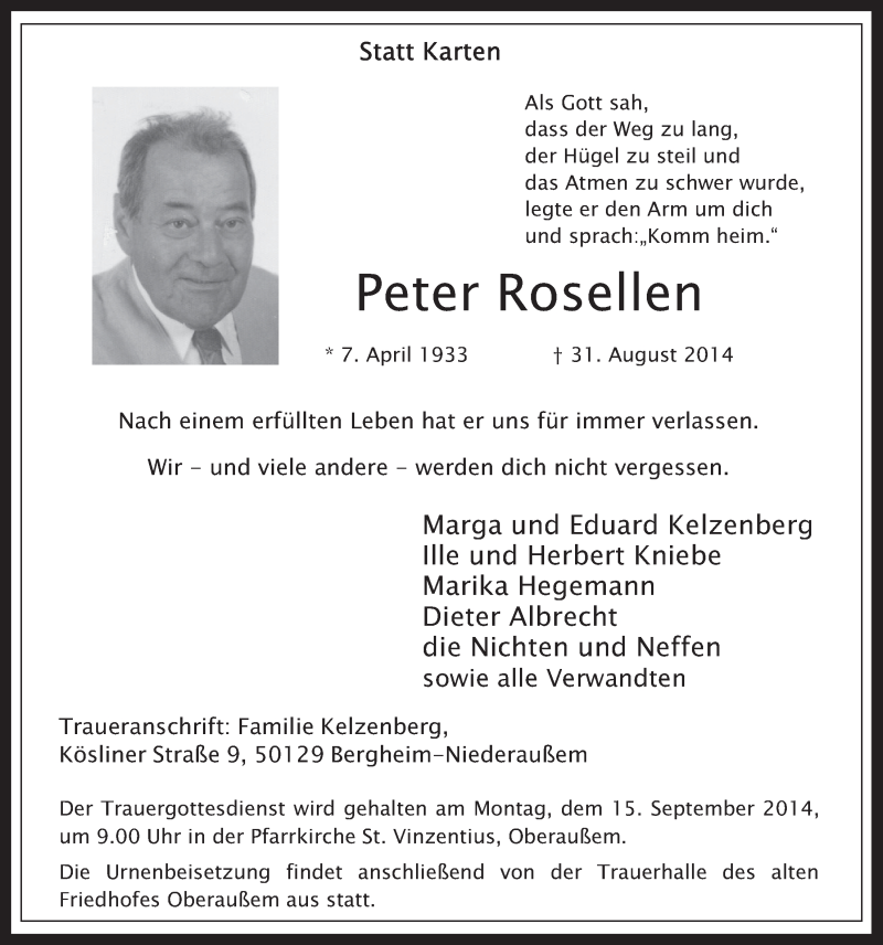  Traueranzeige für Peter Rosellen vom 10.09.2014 aus  Werbepost 