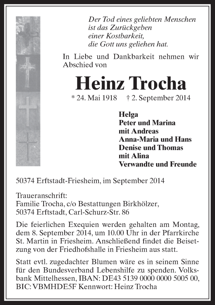  Traueranzeige für Heinz Trocha vom 06.09.2014 aus  Sonntags-Post 
