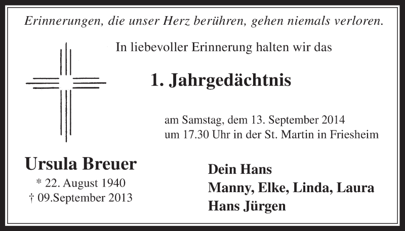  Traueranzeige für Ursula Breuer vom 10.09.2014 aus  Werbepost 
