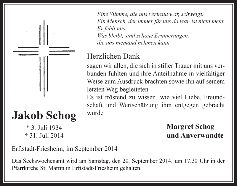  Traueranzeige für Jakob Schog vom 10.09.2014 aus  Werbepost 