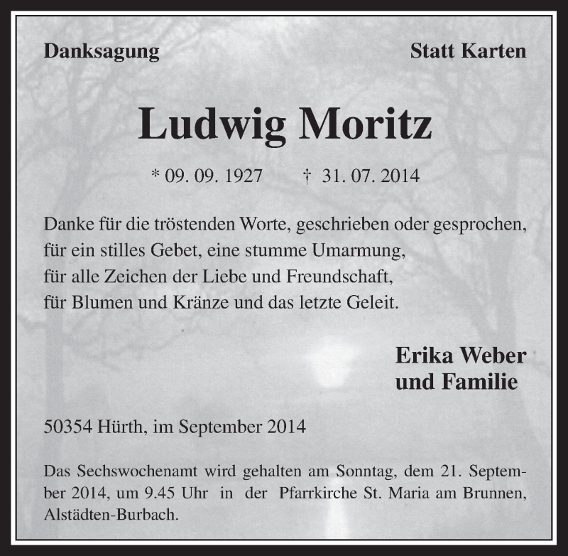  Traueranzeige für Ludwig Moritz vom 10.09.2014 aus  Wochenende 