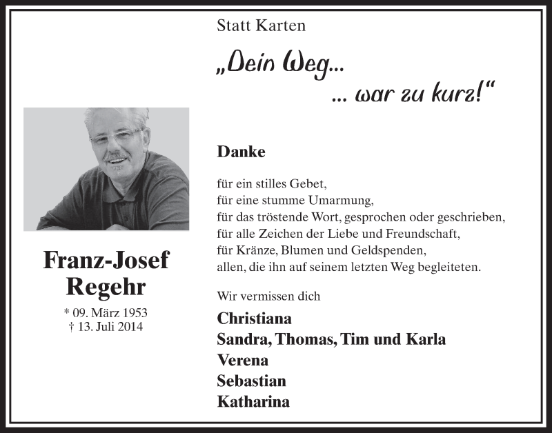  Traueranzeige für Franz-Hosef Regehr vom 06.09.2014 aus  Sonntags-Post 