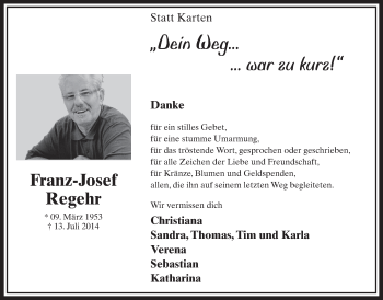 Anzeige von Franz-Hosef Regehr von  Sonntags-Post 