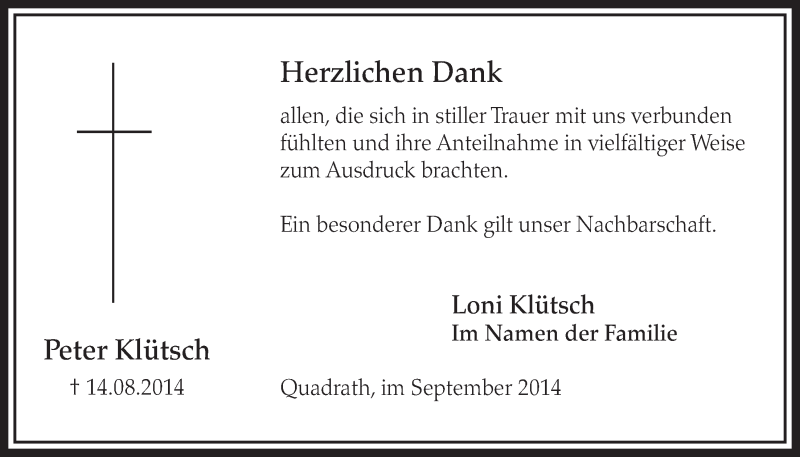  Traueranzeige für Peter Klütsch vom 13.09.2014 aus  Sonntags-Post 
