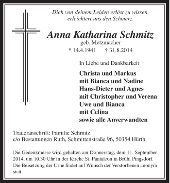 Anzeige von Anna Katharina Schmitz von  Schlossbote/Werbekurier 
