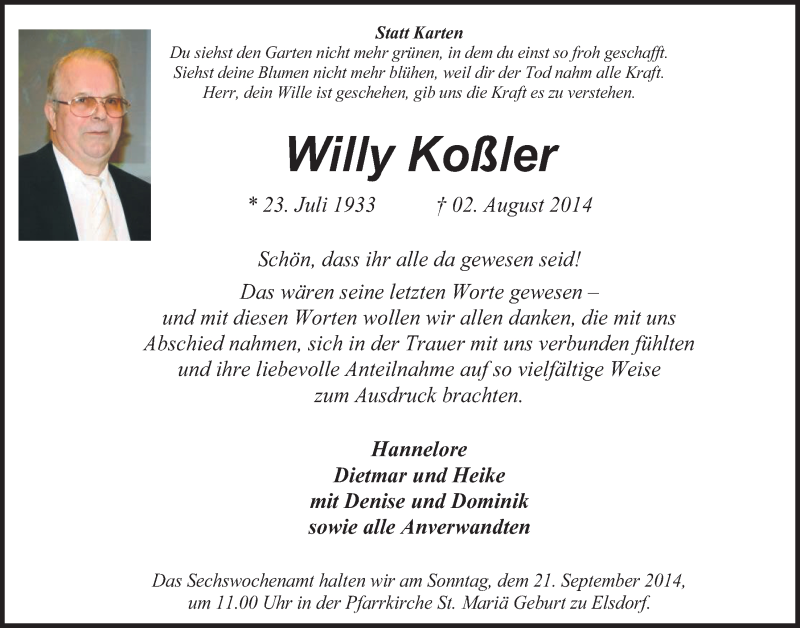  Traueranzeige für Willy Koßler vom 17.09.2014 aus  Werbepost 