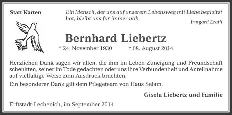  Traueranzeige für Bernhard Liebertz vom 10.09.2014 aus  Werbepost 