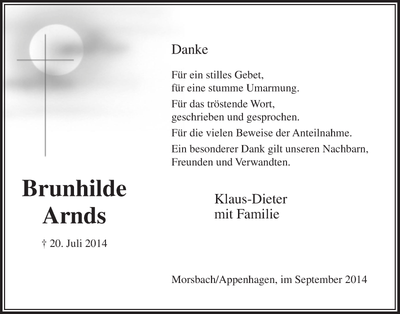  Traueranzeige für Brunhilde Arnds vom 10.09.2014 aus  Lokalanzeiger 