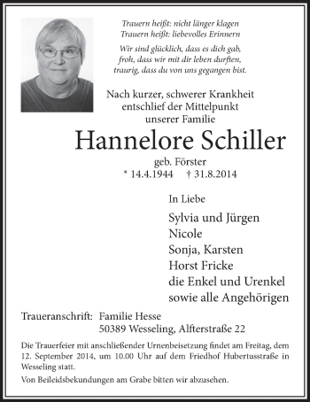 Anzeige von Hannelore Schiller von  Schlossbote/Werbekurier 