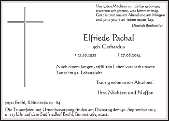 Anzeige von Elfriede Pachal von  Schlossbote/Werbekurier 