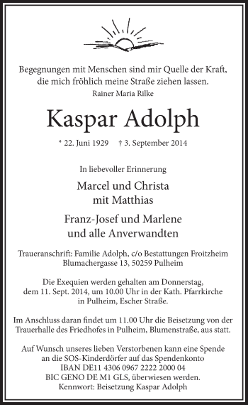 Anzeige von Kaspar Adolph von  Sonntags-Post 