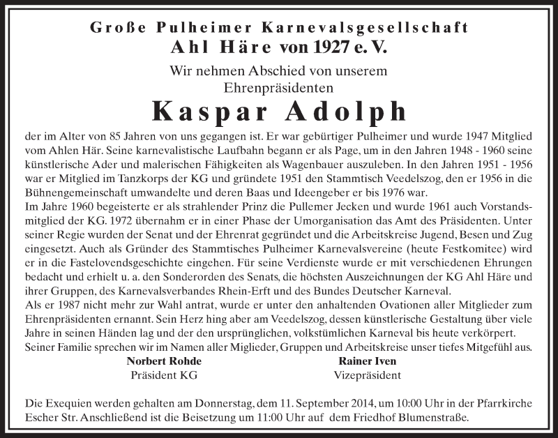  Traueranzeige für Kaspar Adolph vom 06.09.2014 aus  Sonntags-Post 
