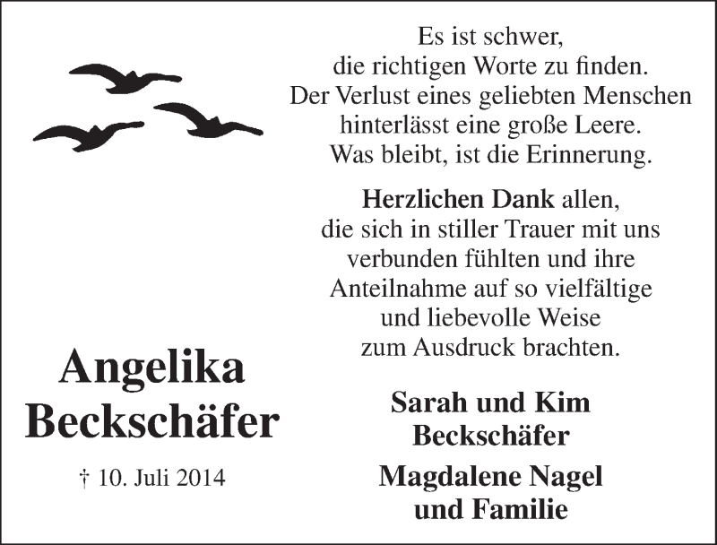  Traueranzeige für Angelika Beckschäfer vom 10.09.2014 aus  Anzeigen Echo 