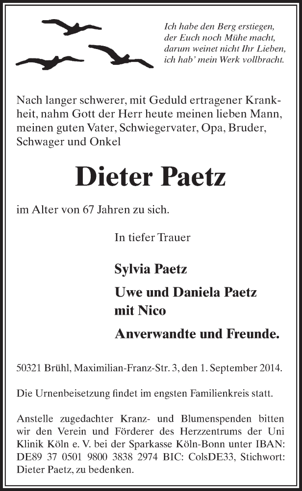  Traueranzeige für Dieter Paetz vom 10.09.2014 aus  Schlossbote/Werbekurier 