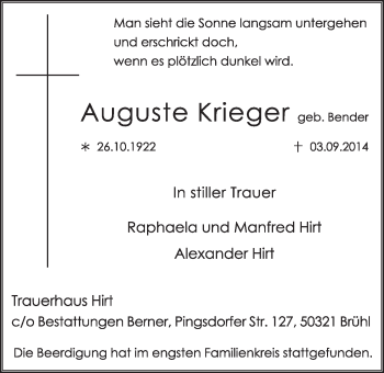 Anzeige von Auguste Krieger von  Schlossbote/Werbekurier 