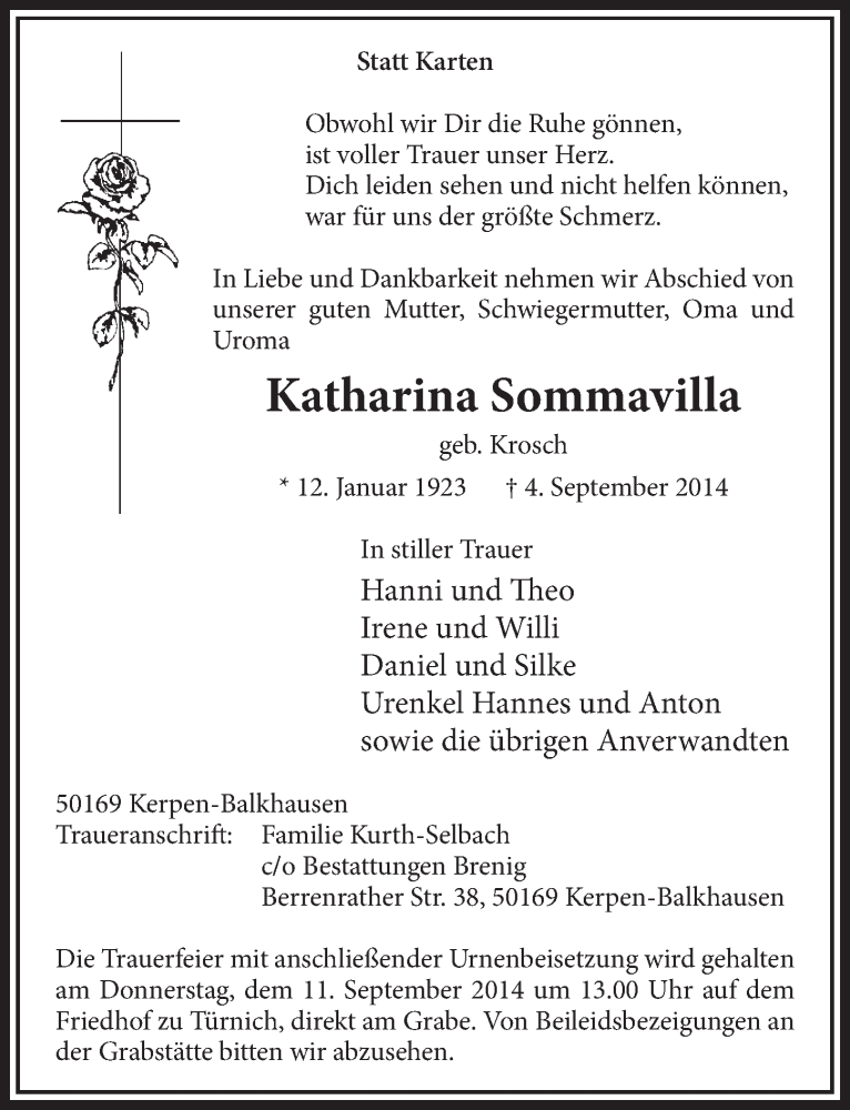  Traueranzeige für Katharina Sommavilla vom 06.09.2014 aus  Sonntags-Post 