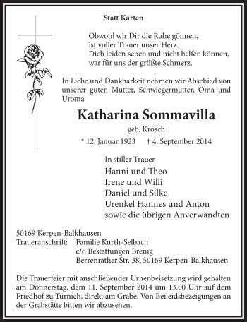 Anzeige von Katharina Sommavilla von  Sonntags-Post 