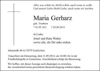 Anzeige von Maria Gerharz von  Blickpunkt Euskirchen 