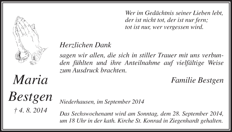  Traueranzeige für Maria Bestgen vom 24.09.2014 aus  Lokalanzeiger 