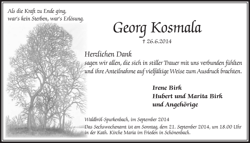  Traueranzeige für Georg  Kosmala vom 17.09.2014 aus  Lokalanzeiger 
