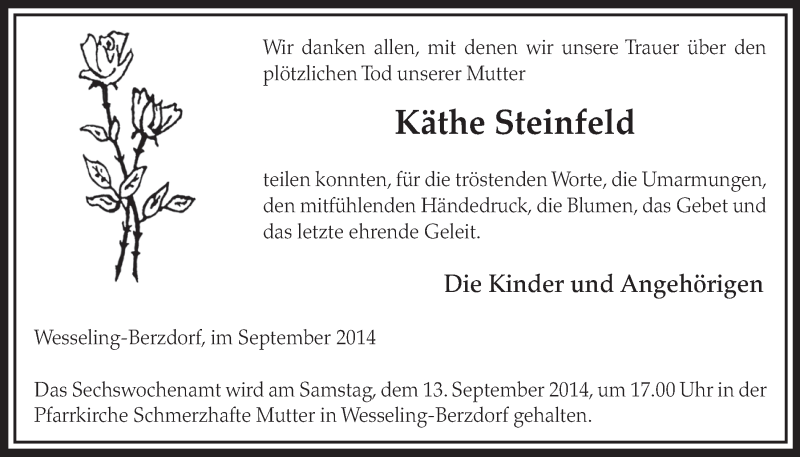  Traueranzeige für Käthe Steinfeld vom 10.09.2014 aus  Schlossbote/Werbekurier 