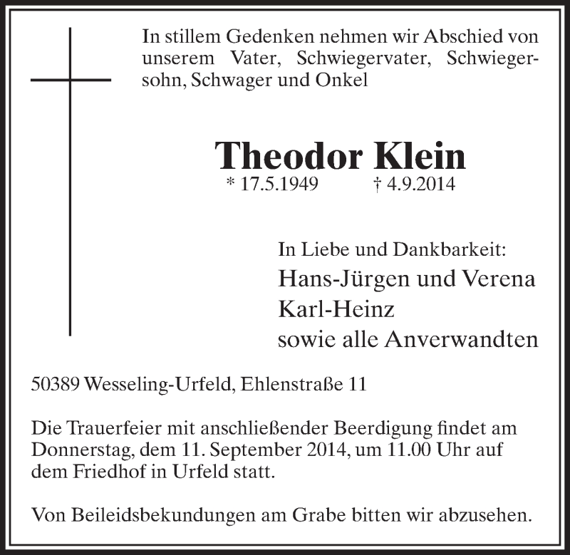  Traueranzeige für Theodor Klein vom 10.09.2014 aus  Schlossbote/Werbekurier 