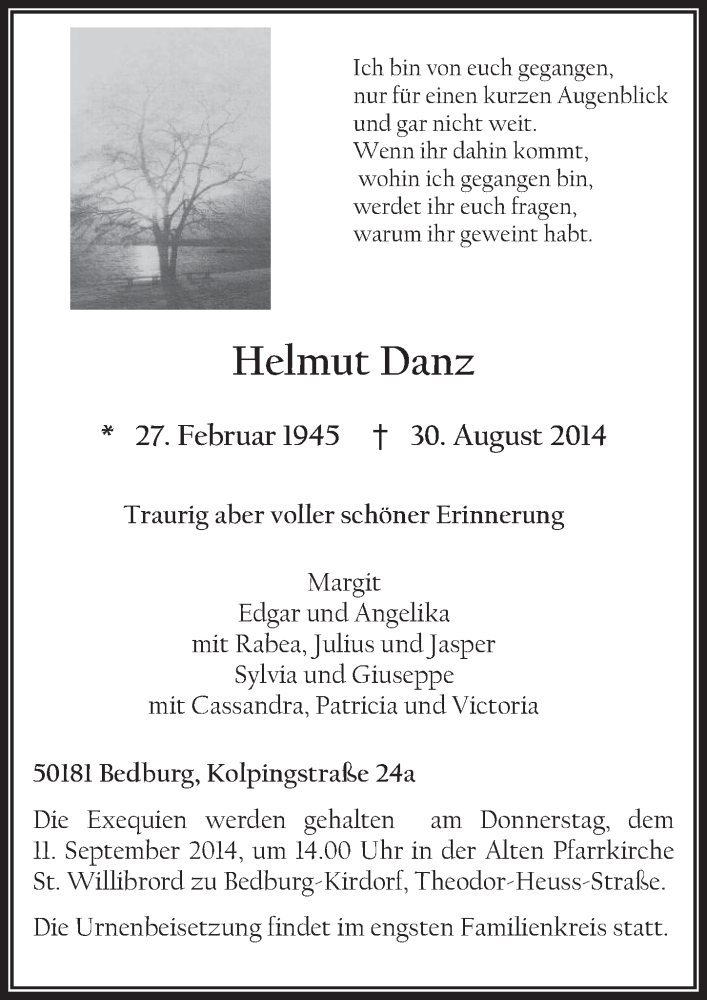  Traueranzeige für Helmut Danz vom 10.09.2014 aus  Werbepost 