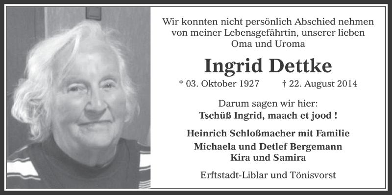  Traueranzeige für Ingrid Dettke vom 10.09.2014 aus  Werbepost 