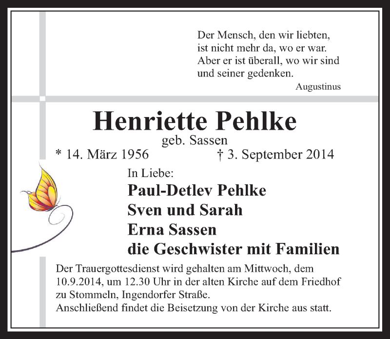  Traueranzeige für Henriette Pehlke vom 10.09.2014 aus  Wochenende 