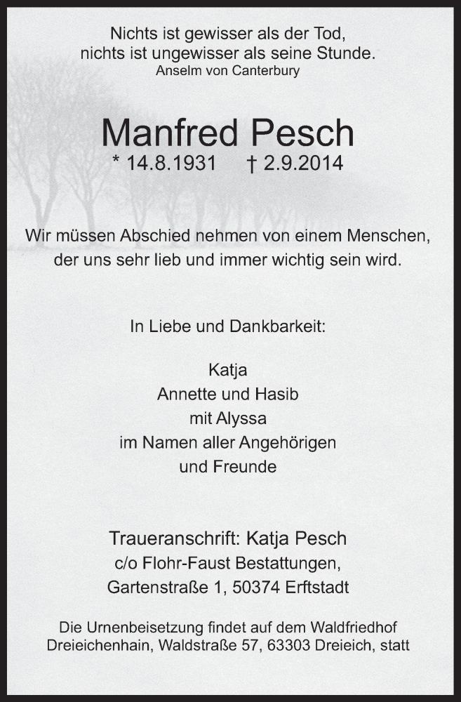  Traueranzeige für Manfred Pesch vom 10.09.2014 aus  Werbepost 