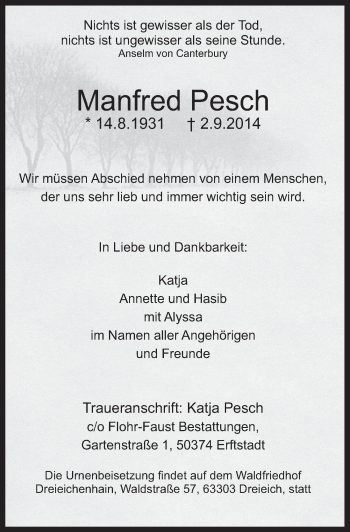 Anzeige von Manfred Pesch von  Werbepost 