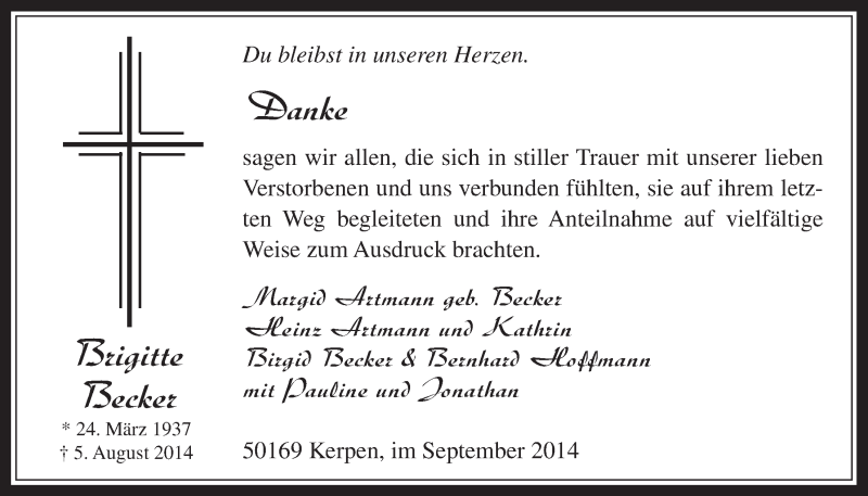  Traueranzeige für Brigitte Becker vom 10.09.2014 aus  Werbepost 