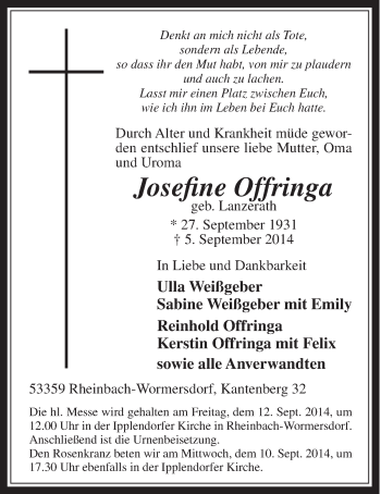 Anzeige von Josefine Offringa von  Schaufenster/Blickpunkt 