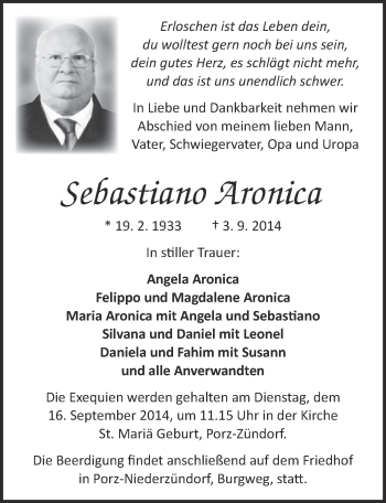 Anzeige von Sebastiano Aronica von  Kölner Wochenspiegel 
