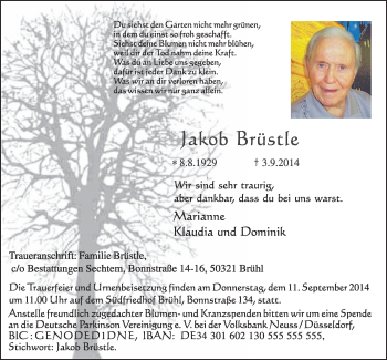 Anzeige von Jakob Brüstle von  Schlossbote/Werbekurier 