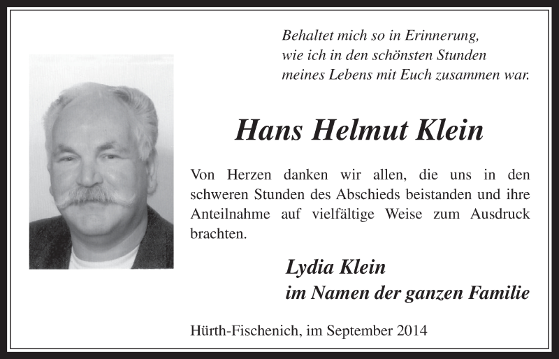  Traueranzeige für Hans Helmut Klein vom 10.09.2014 aus  Wochenende 